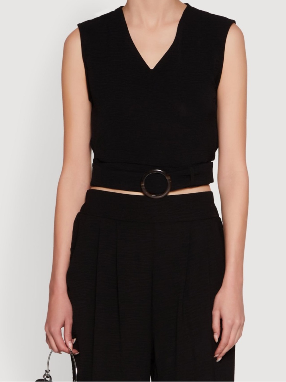 Love Black V-Neck Drape Sleeve Cropped Top with Ring-Buckle Belt Size Large